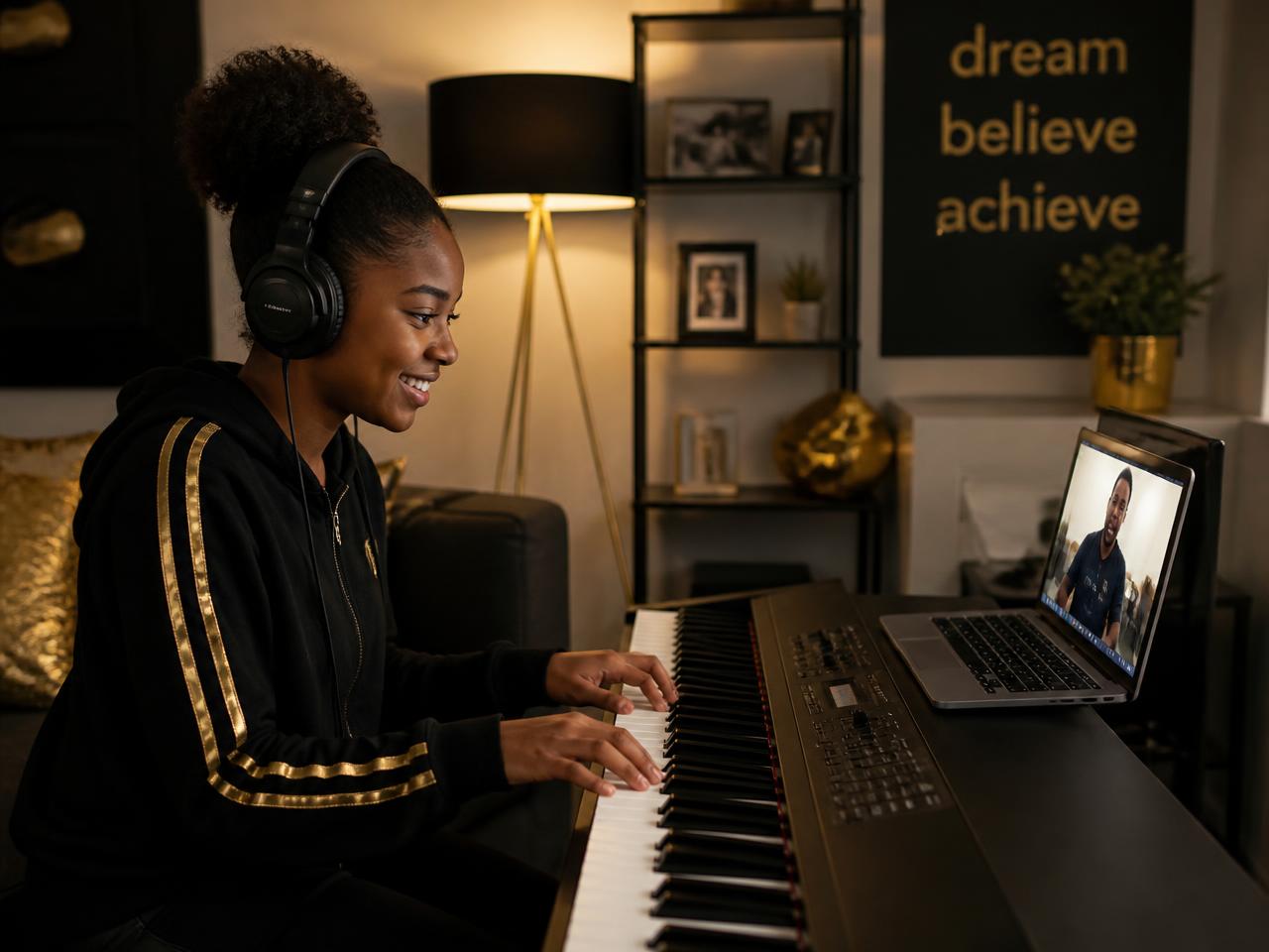 A student in headphones playing a keyboard during a live online worship piano class