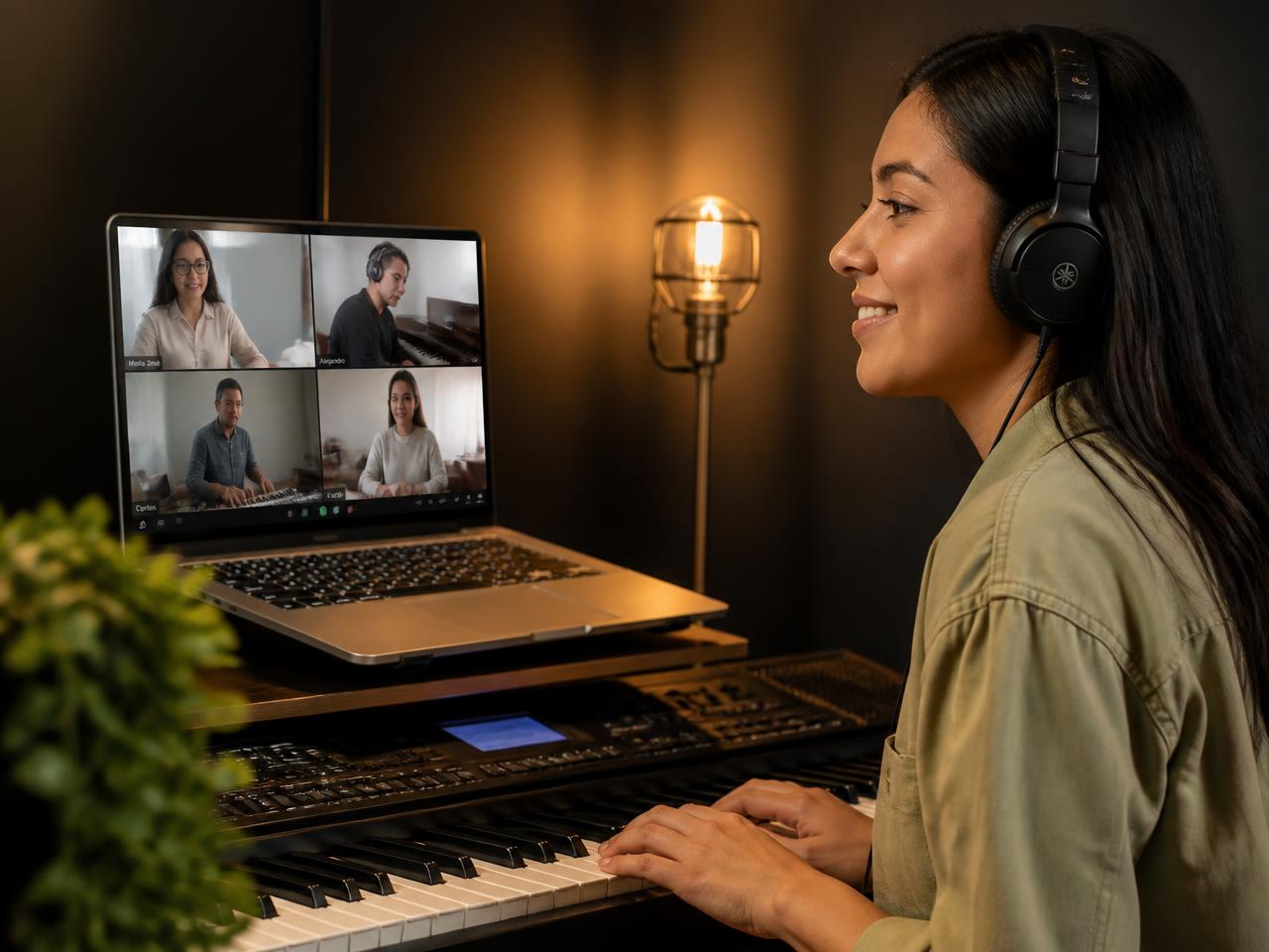 A student attending a live virtual worship piano class on a laptop