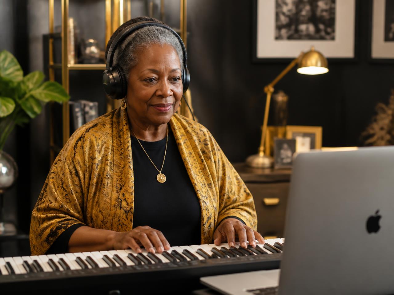 An adult student in headphones learning worship piano in a live Zoom class